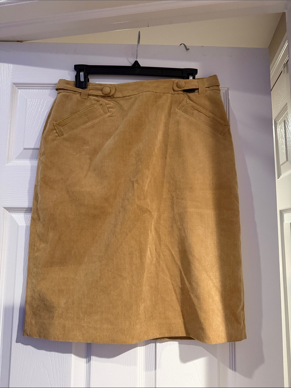 Women's Tan Corduroy Pencil Skirt with Button Waist Detail